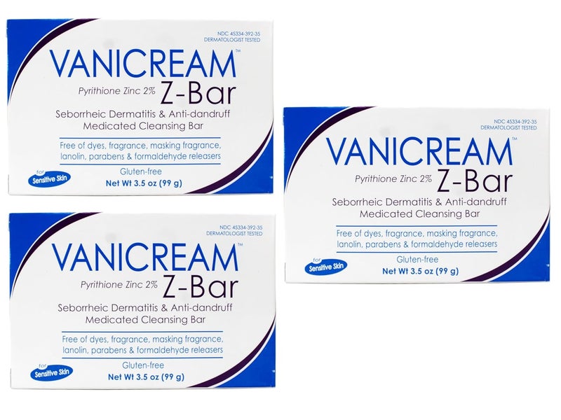 Vanicream صابون ز-بار الطبي للتنظيف، زنك بيريثيون 2% لالتهاب الجلد الدهني وقشرة الرأس، خالي من الصابون، خالي من الجلوتين، 3.5 أونصة (عبوة من 3) - Image 1